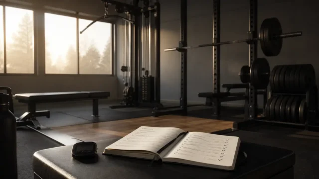 Quiet strength gym with a bench, cable machine, squat rack, training notebook and timer
