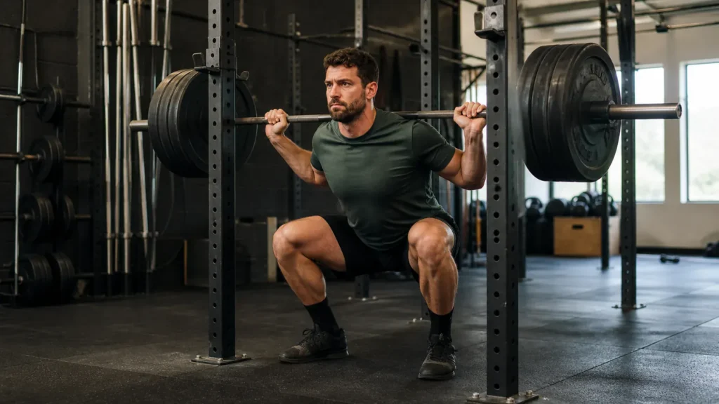 Lifter performing a controlled heavy barbell squat inside a simple strength gym.