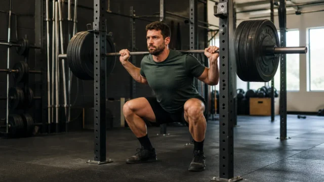 Lifter performing a controlled heavy barbell squat inside a simple strength gym.