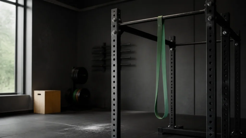 Secure black pull-up bar on a gym rack with a green resistance band looped over it