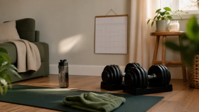 Home strength training corner with adjustable dumbbells, a mat, water bottle, towel, and calendar.