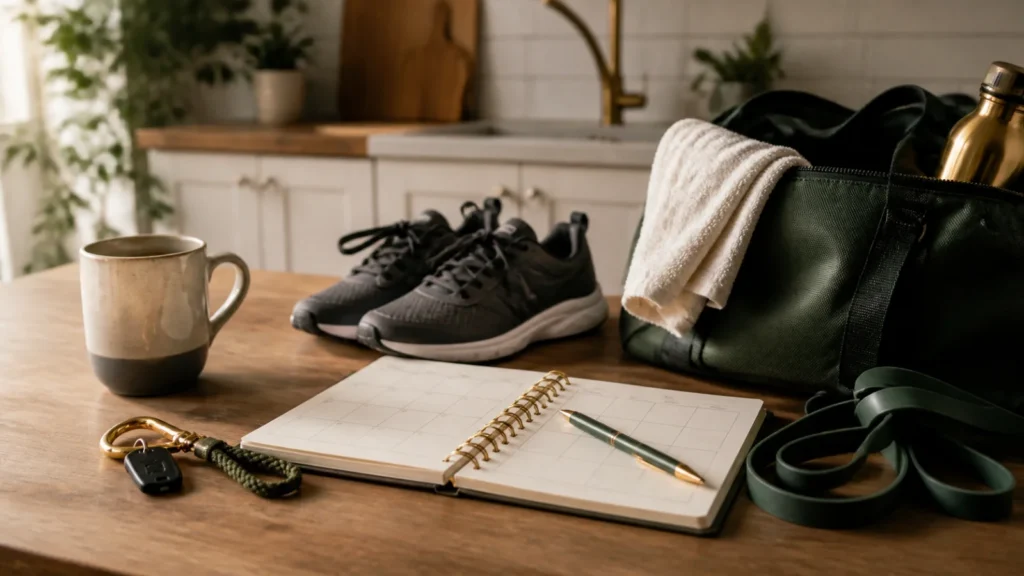 Planner, shoes, gym bag, keys, coffee mug, and resistance band prepared on a kitchen table.