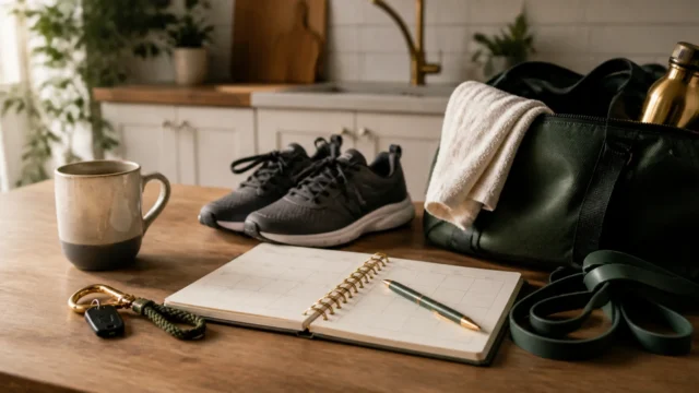 Planner, shoes, gym bag, keys, coffee mug, and resistance band prepared on a kitchen table.