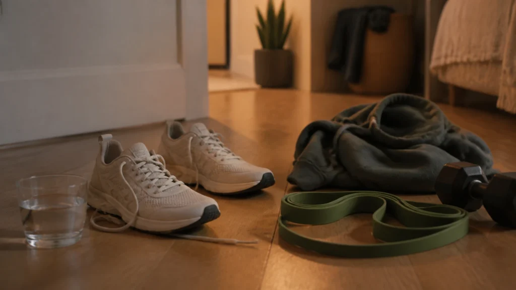 Training shoes, hoodie, water glass, dumbbell, and resistance band on a wooden floor in evening light.
