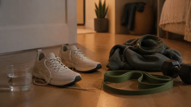 Training shoes, hoodie, water glass, dumbbell, and resistance band on a wooden floor in evening light.