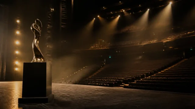 Unbranded sculptural trophy silhouette on an empty bodybuilding stage under warm spotlights.