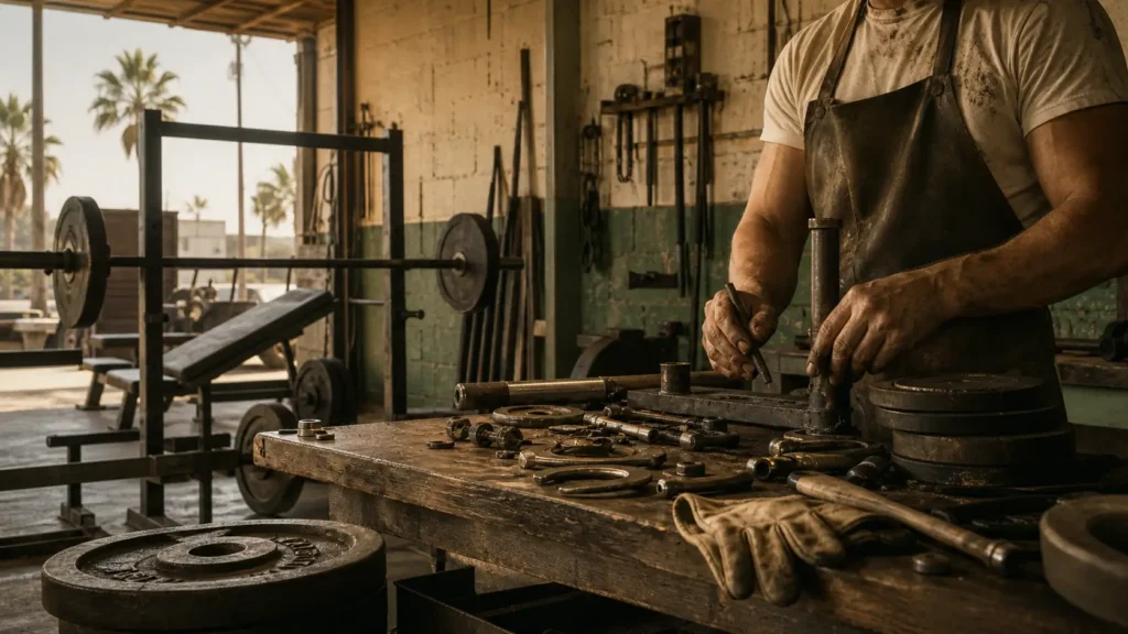 Anonymous craftsman working at a bench with tools, iron plates, and old gym equipment in a Venice-style workshop.