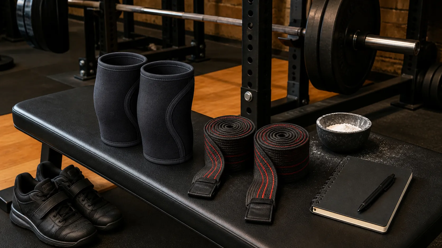 Unbranded neoprene knee sleeves and rolled elastic knee wraps arranged on a gym bench beside lifting shoes and chalk.