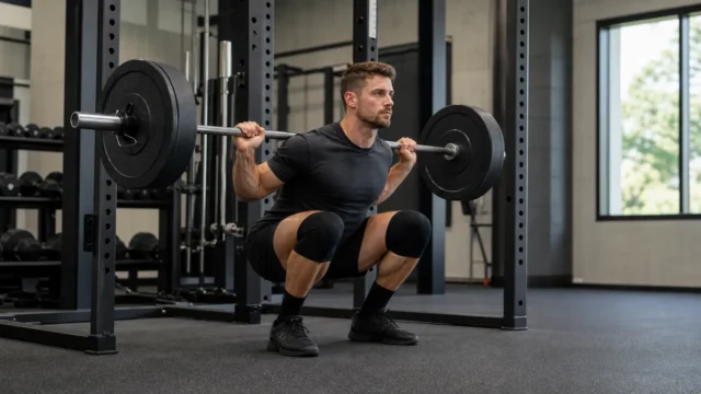 Lifter performing a controlled back squat while wearing plain black knee sleeves in a gym rack.