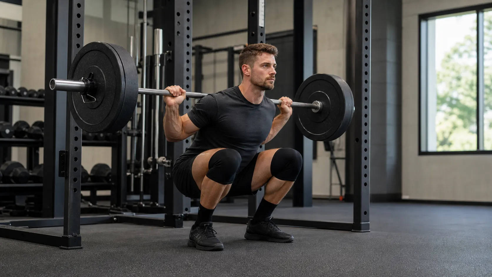 Lifter performing a controlled back squat while wearing plain black knee sleeves in a gym rack.