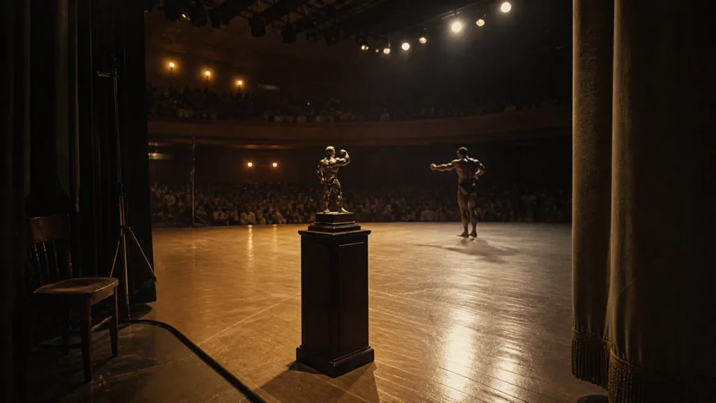 Illustrative 1960s bodybuilding theater stage with an anonymous athlete silhouette and trophy pedestal.
