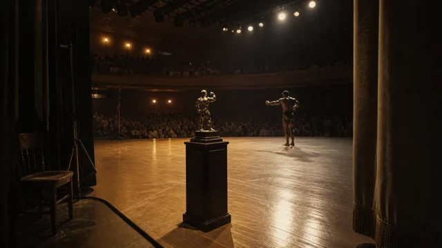 Illustrative 1960s bodybuilding theater stage with an anonymous athlete silhouette and trophy pedestal.