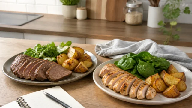 Cooked lean beef and cooked chicken on two simple plates with potatoes, leafy greens, and a notebook on a home kitchen counter.