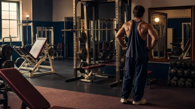 Anonymous athlete standing near a mirror in a late-1980s style gym with classic plate-loaded equipment and a power rack.