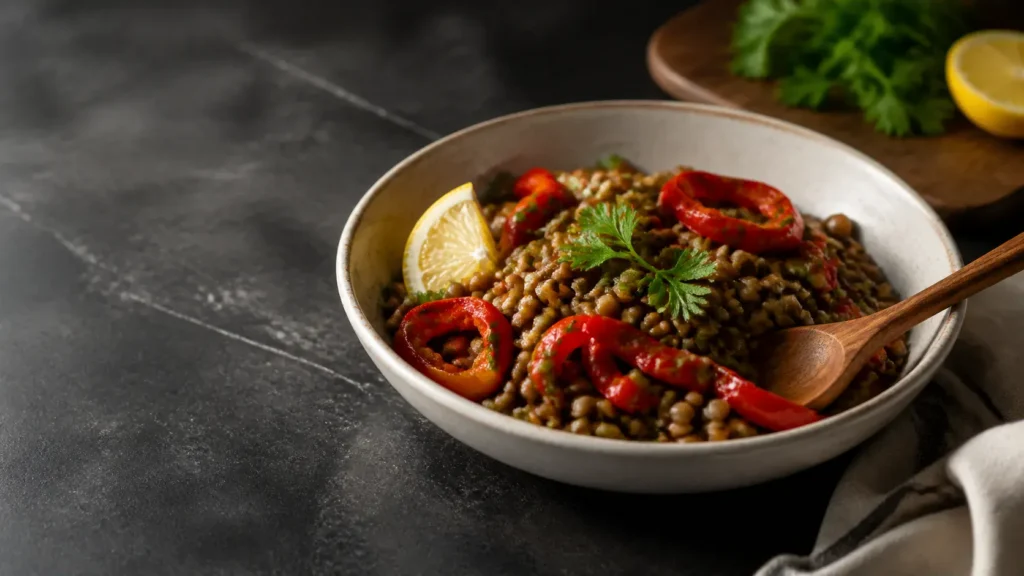 Bowl of cooked lentils with roasted red peppers, lemon, parsley and a wooden spoon