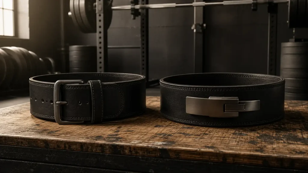 Unbranded black leather single-prong and lever lifting belts on a wooden platform in a quiet powerlifting gym.