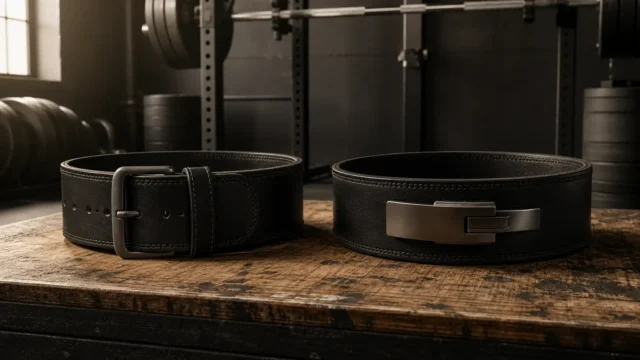 Unbranded black leather single-prong and lever lifting belts on a wooden platform in a quiet powerlifting gym.