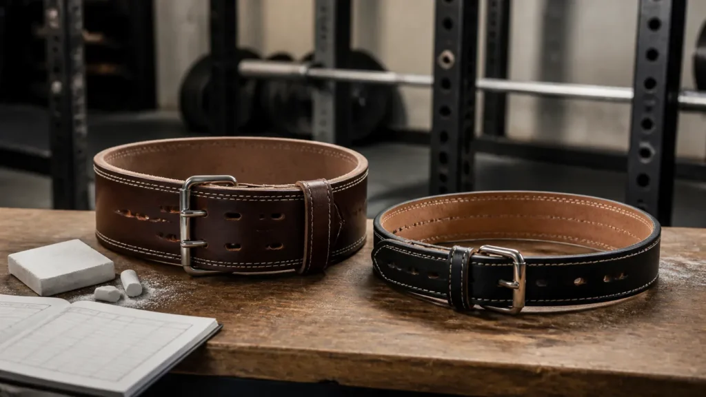Two unbranded leather lifting belts with different widths and buckle styles on a gym bench beside chalk and a training log.