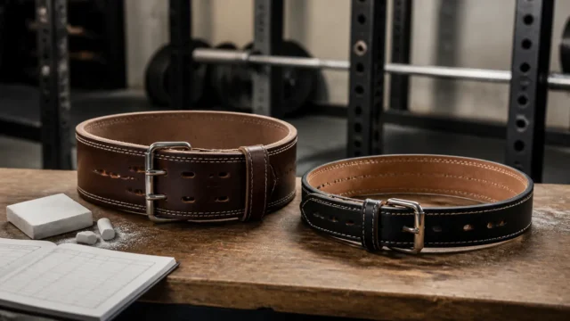 Two unbranded leather lifting belts with different widths and buckle styles on a gym bench beside chalk and a training log.