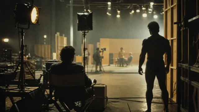 Illustrative late-1970s television soundstage with an anonymous athlete silhouette beside studio lights.