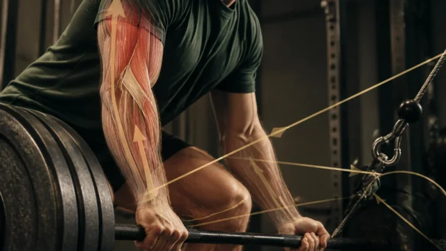Anonymous lifter holding a loaded barbell with abstract muscle fibers and tension lines overlay.