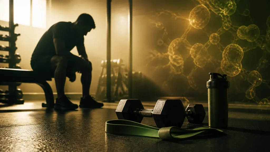 Dumbbells, resistance band, water bottle, and anonymous resting lifter with abstract metabolite overlay in warm gym light.