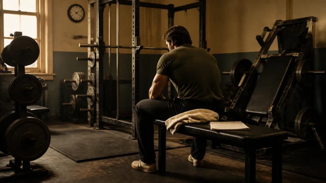Anonymous athlete resting on a bench in a warm late-1970s style gym beside a paper training log and plate-loaded equipment.