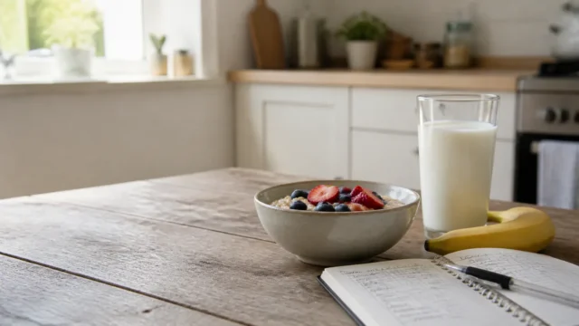 Glass of milk with oats, berries, banana, and a training notebook on a bright kitchen table.