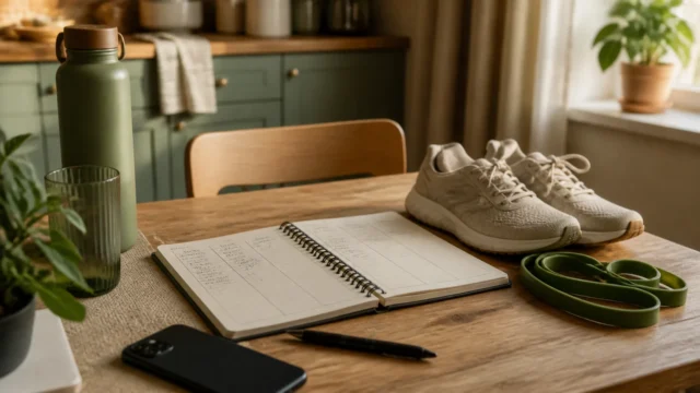 Training shoes, resistance band, water bottle, phone, and notebook on a warm kitchen table.