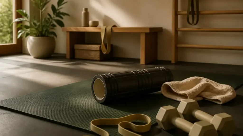 Warm recovery area with foam roller, resistance band, dumbbells, towel, and mat.