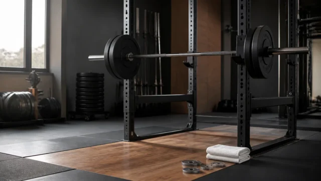 Loaded barbell resting safely in a quiet power rack with small fractional plates and folded towel on the platform