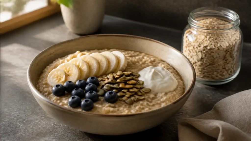 Bowl of rolled oats with banana, blueberries, pumpkin seeds, yogurt, and a jar of dry oats