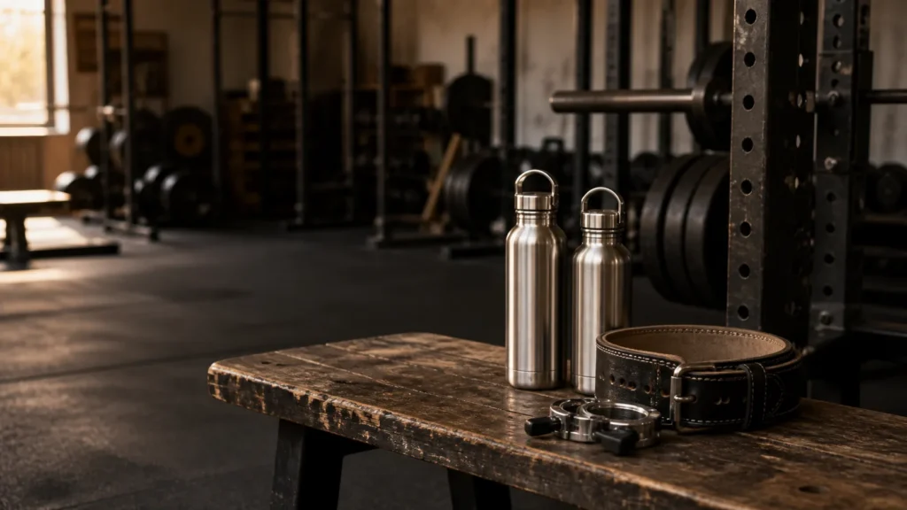 Two stainless-steel water bottles, a lifting belt and barbell collars on a bench in a quiet strength gym