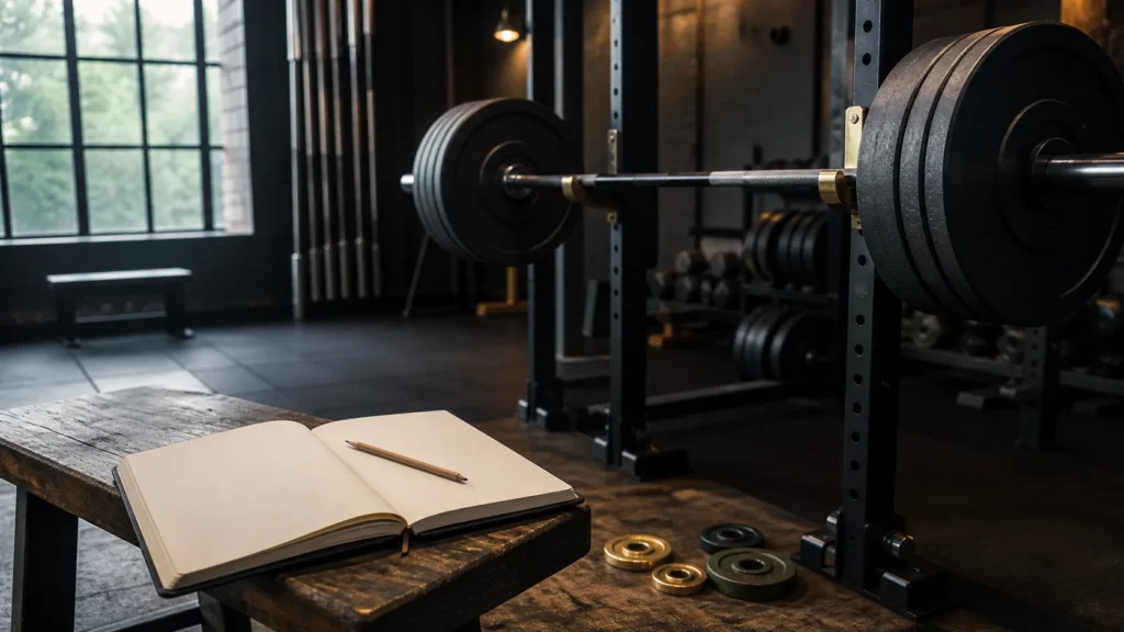 Loaded barbell in a power rack beside an open blank training log and fractional plates