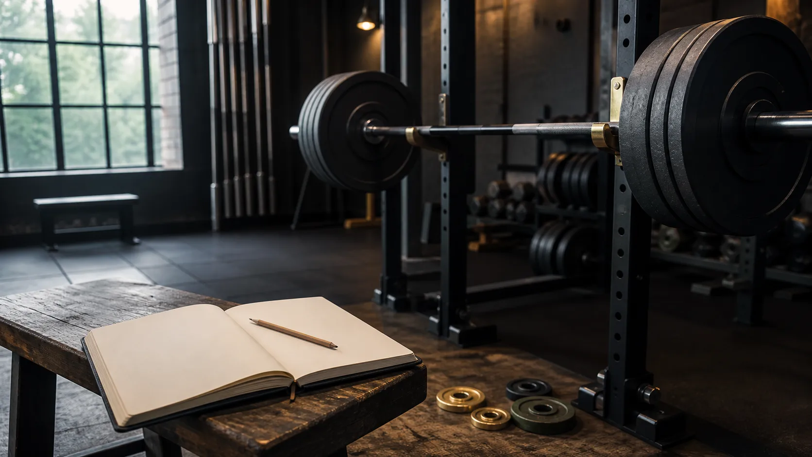 Loaded barbell in a power rack beside an open blank training log and fractional plates