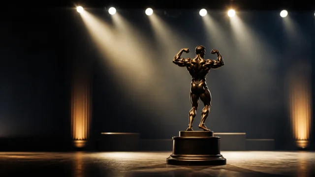 Anonymous bronze bodybuilding trophy on an empty contest stage under warm spotlights