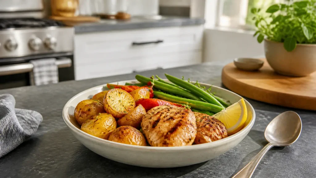 Roasted baby potatoes with grilled chicken, green beans, red pepper, lemon, and herbs in a ceramic bowl on a home kitchen counter.