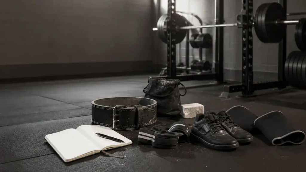 Unbranded lifting belt, flat shoes, wraps, sleeves, chalk bag, and notebook arranged near a strength rack.