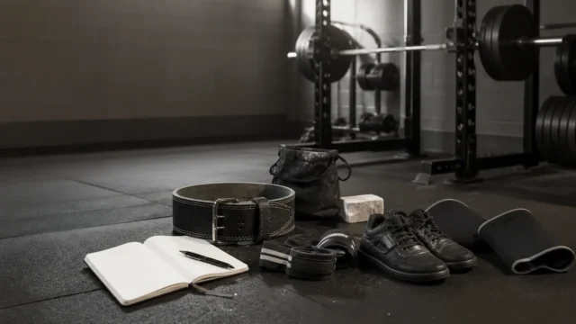 Unbranded lifting belt, flat shoes, wraps, sleeves, chalk bag, and notebook arranged near a strength rack.