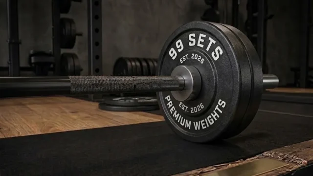 Loaded black barbell on a gym platform with a 99 SETS-branded weight plate