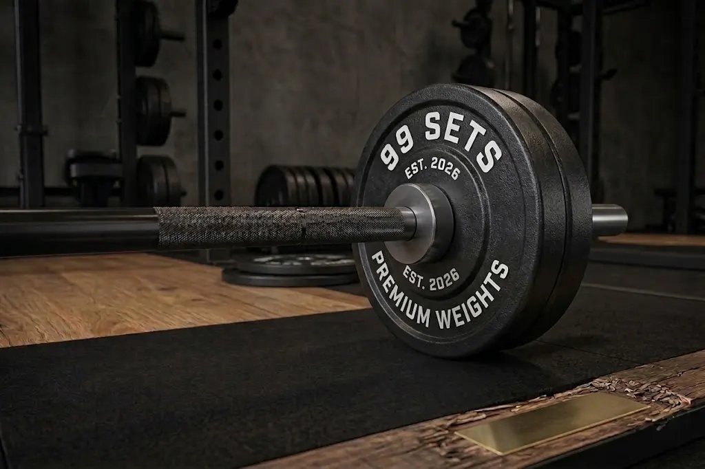 Loaded black barbell on a gym platform with a 99 SETS-branded weight plate