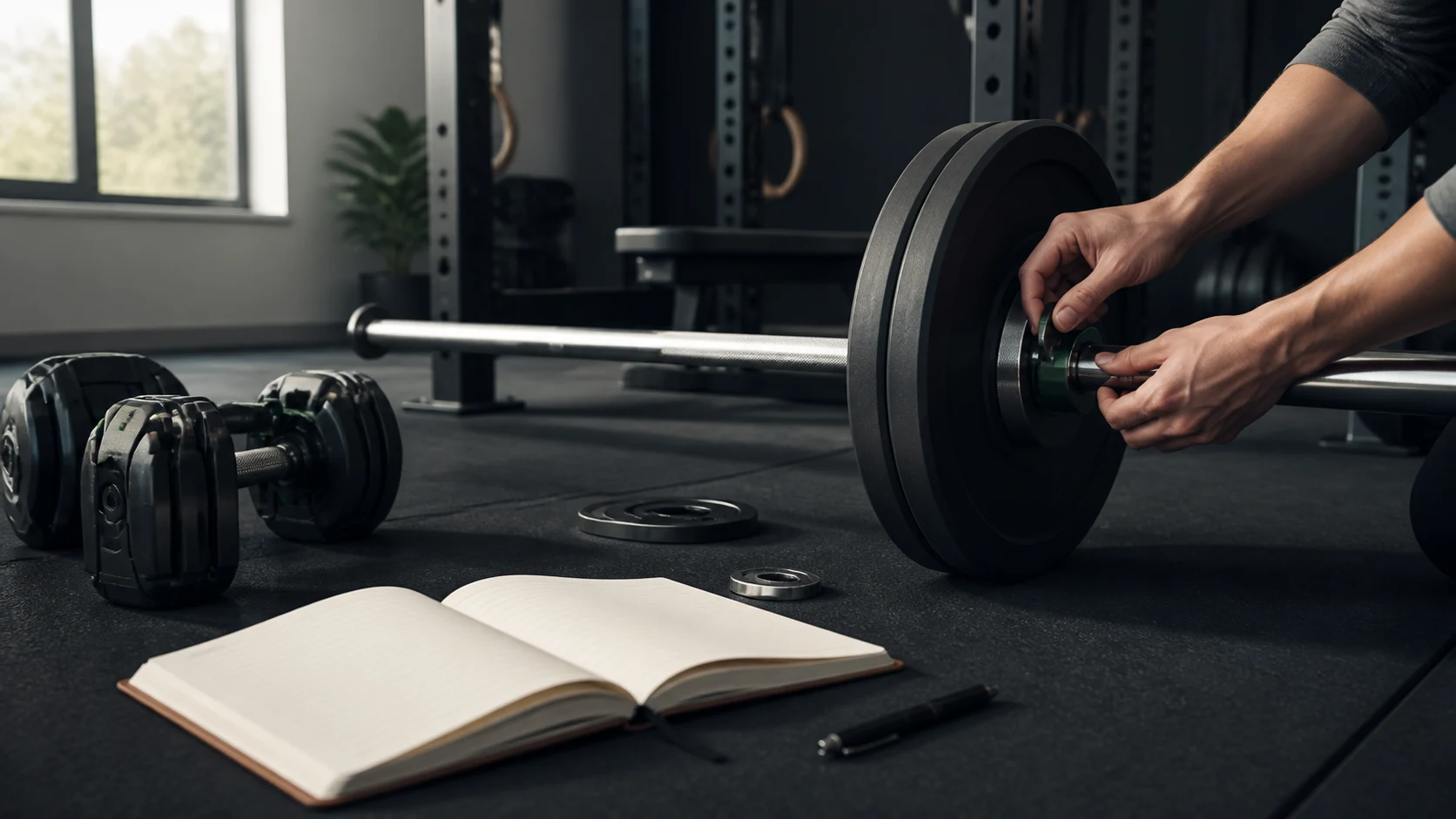 Hand securing a small plate collar on a barbell beside an open training notebook and adjustable dumbbell in a quiet gym.