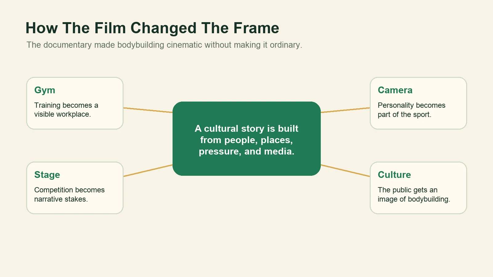 Influence map showing gym, stage, camera, and culture as parts of Pumping Iron's impact.