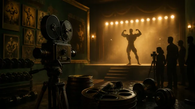 Vintage film camera, stage lights, iron plates, and anonymous bodybuilder silhouette in a cinematic gym setting.