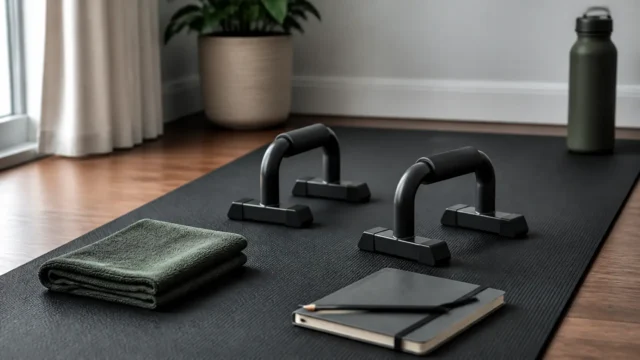 A simple home training setup with a mat, push-up handles, towel, and notebook ready for a bodyweight workout.