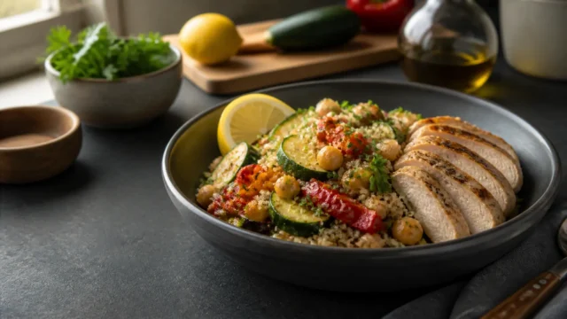 Cooked quinoa with roasted vegetables, chickpeas, herbs, lemon, and grilled chicken in a ceramic bowl on a home kitchen counter.