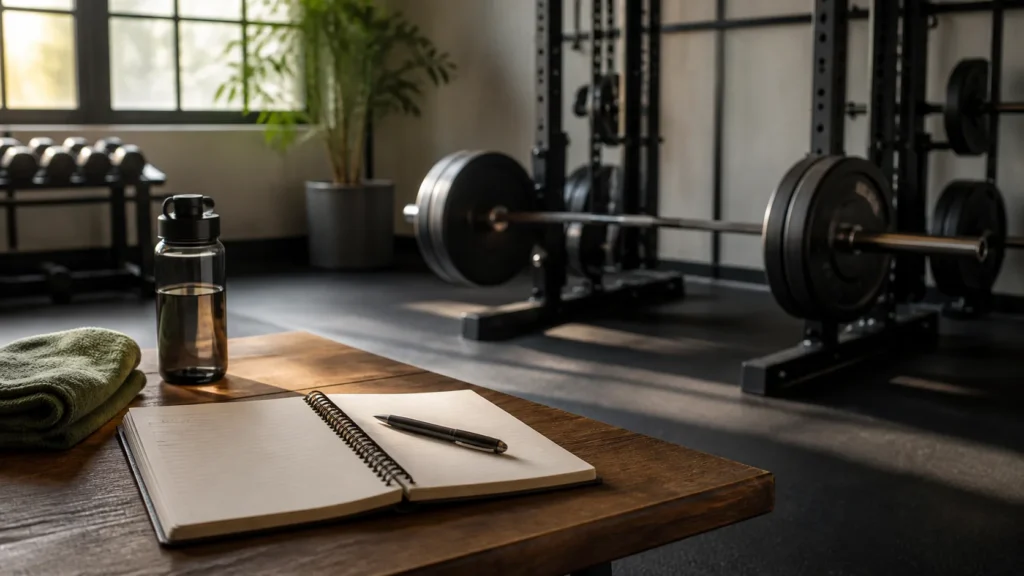 Open training notebook, pen, towel, and water bottle on a gym bench beside a racked barbell.