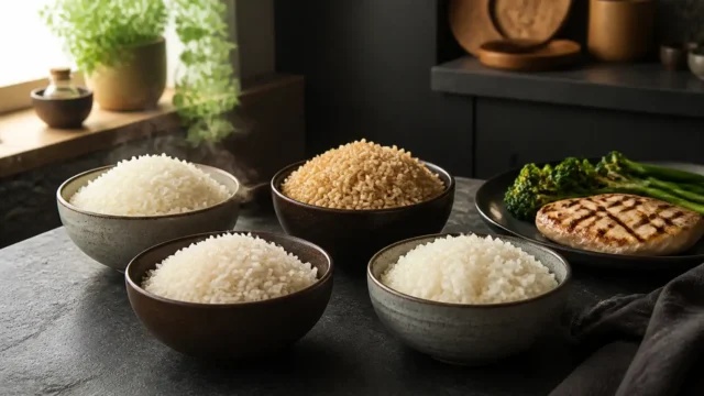 Four bowls of cooked rice with grilled chicken and green vegetables on a dark kitchen counter