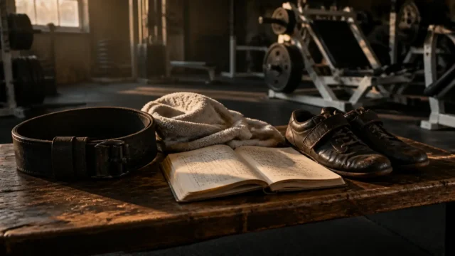 Worn lifting belt, towel, training shoes, and handwritten log on a wooden bench in a quiet vintage-style strength gym