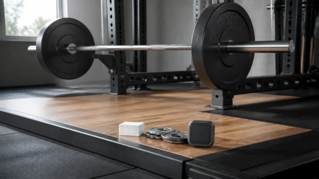 Barbell in a power rack with chalk, small fractional plates and an unmarked training timer on a wooden platform